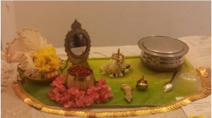 Flowers and grains offering on banana leaf